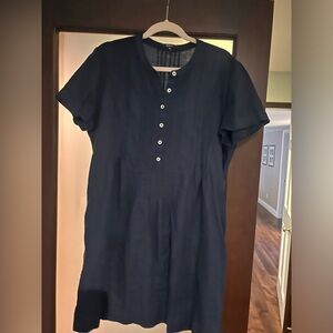 Quince Navy Blue European Linen Short Sleeve Swing Dress sz M Womens Pleated